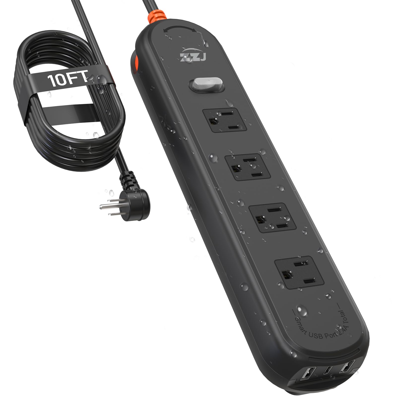 Outdoor Power Strip Weatherproof, 7-in-1 Surge Protector with 4 Wide Outlets 2USB A and 1USB C,1625W/13A, 10FT Flat Plug Multi-Plug Outdoor Extension