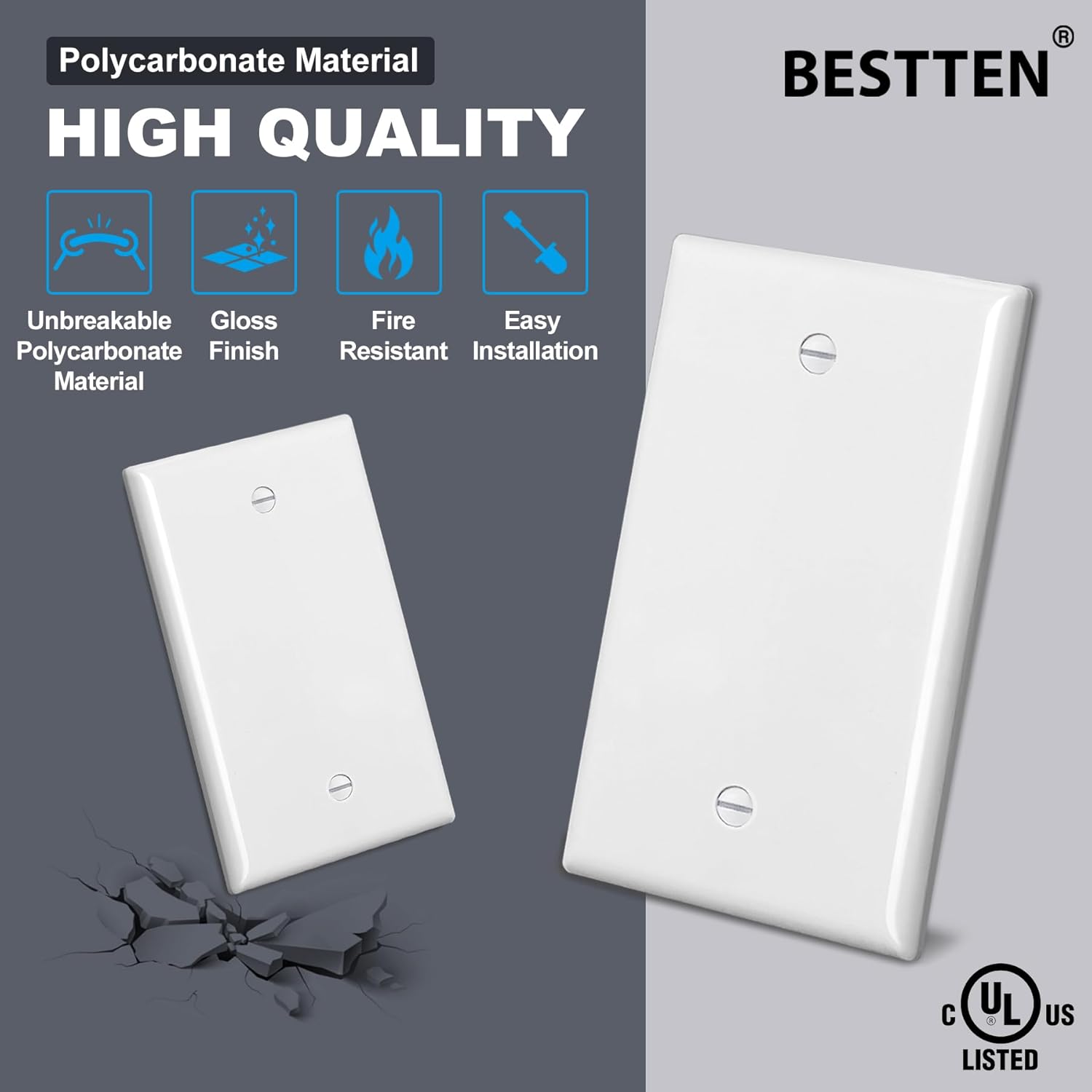 BESTTEN 50 Pack 1-Gang Blank Wall Plate, UL Listed, No Device Outlet Cover, H4.53” x W2.76”, Unbreakable Polycarbonate Thermoplastic Wallplate, White