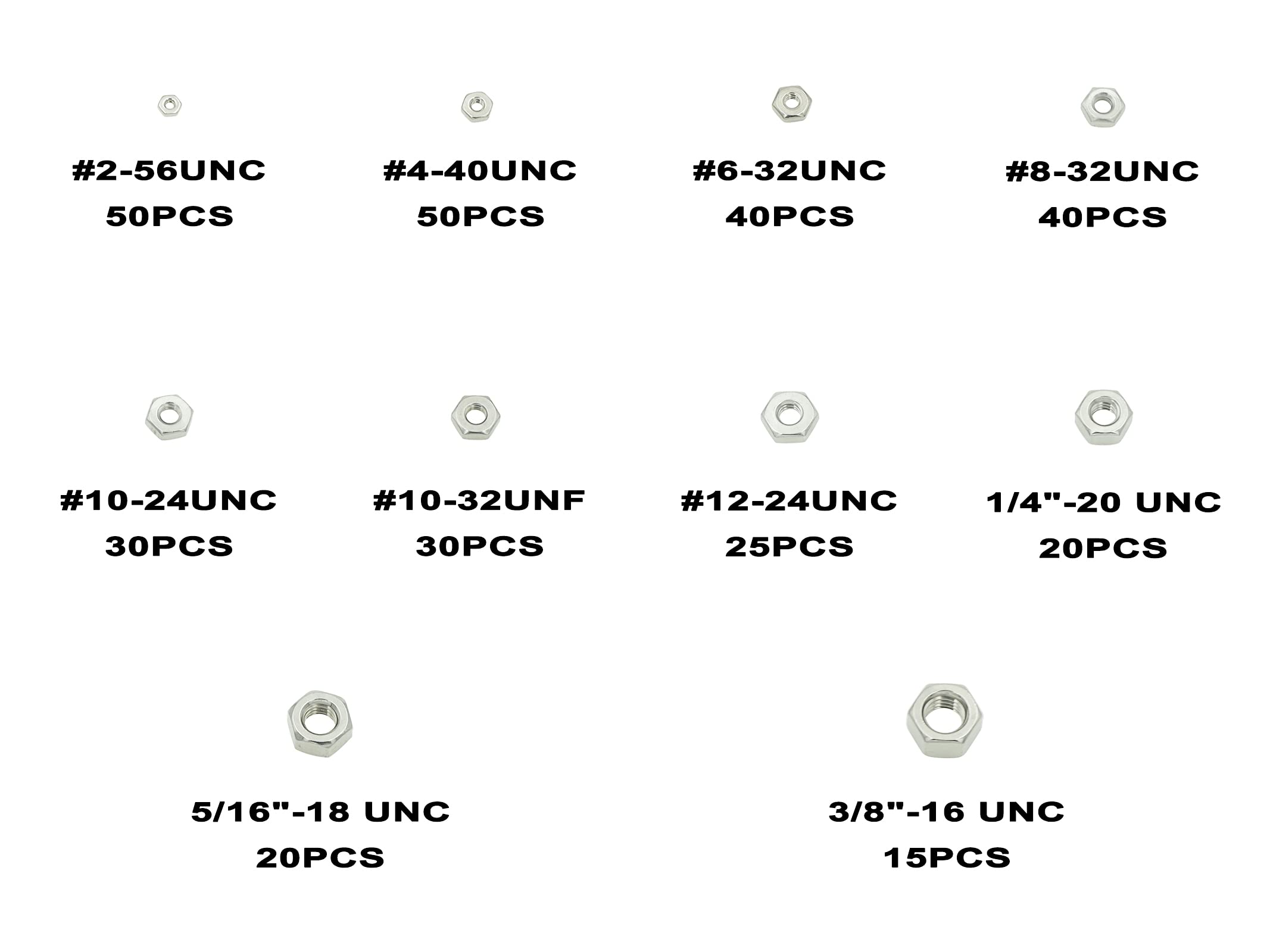 #2-56#4-40#6-32#8-32#10-24#10-32#12-24 1/4 Zoll-20 5/16 Zoll-18 3/8 Zoll-16 304 Edelstahl Sechskantmuttern Sortiment Kit