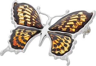 Womenâs Silver Butterfly Brooch the Queen of Spain fritillary with Amber, Baltic Cherry Amber, Polished Sterling Silver, Gift Set