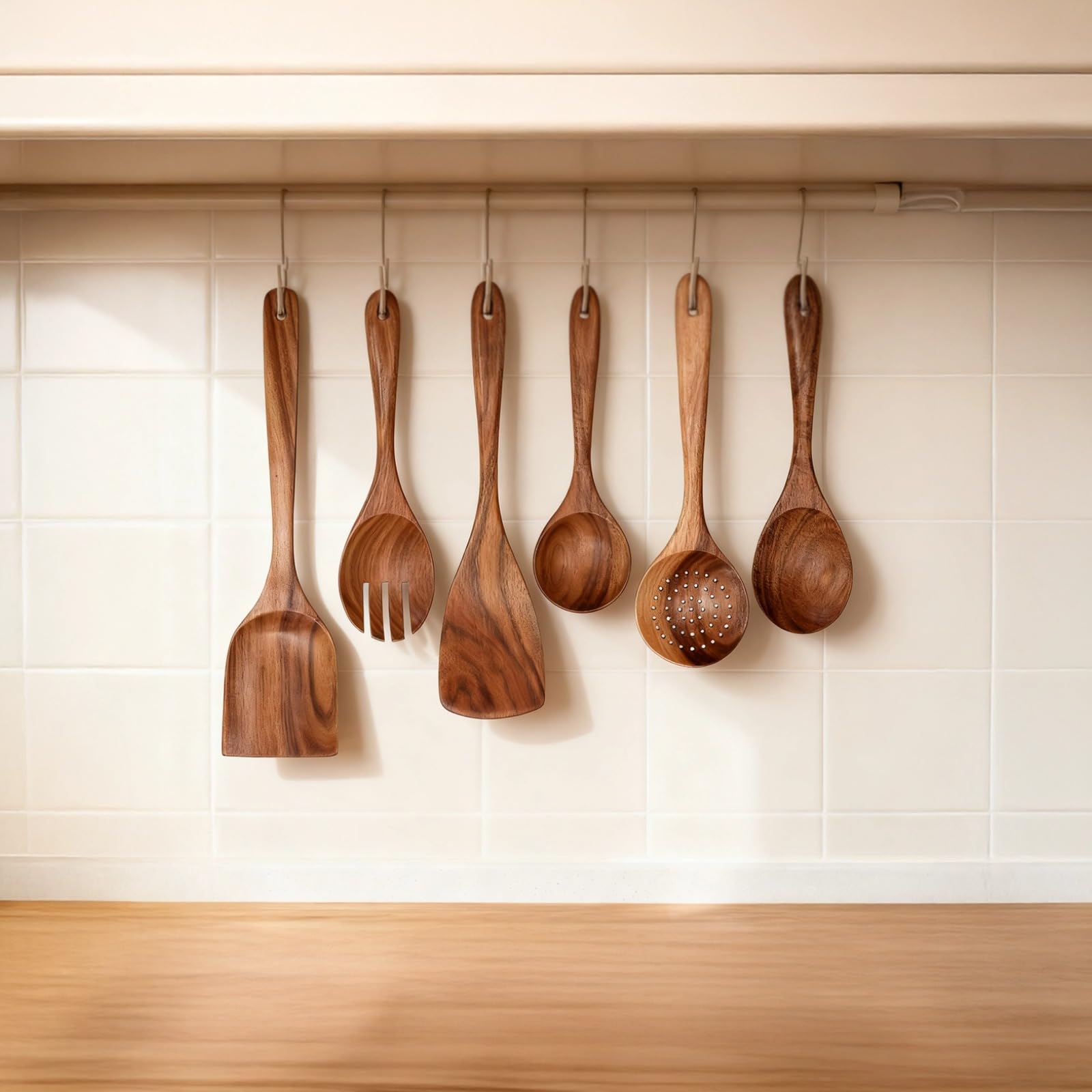 6-teiliges Teak Kochutensilien Set, Küchenutensilien aus Naturholz, Holzspatel, Lochlöffel und Schaumkelle mit langem Griff, schont Kochgeschirr, leicht zu reinigen und zu verstauen