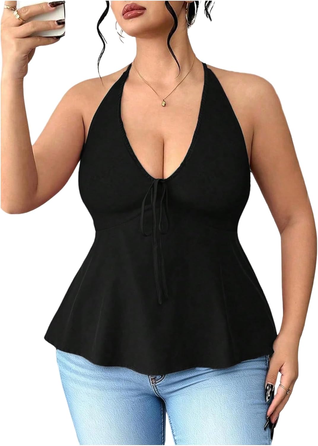 SOLY HUX Women's Plus Size Peplum Halter Top Tie Front V Neck Sleeveless Backless Ruffle Going Out Tops