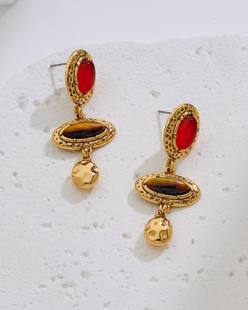 Vintage Gold Dangle Earrings For Women Antique Gold Metal Settings With Imitation Red Carnelian And Brown Tiger Eye Stone Cabs Unique Earrings Gift - Image 6