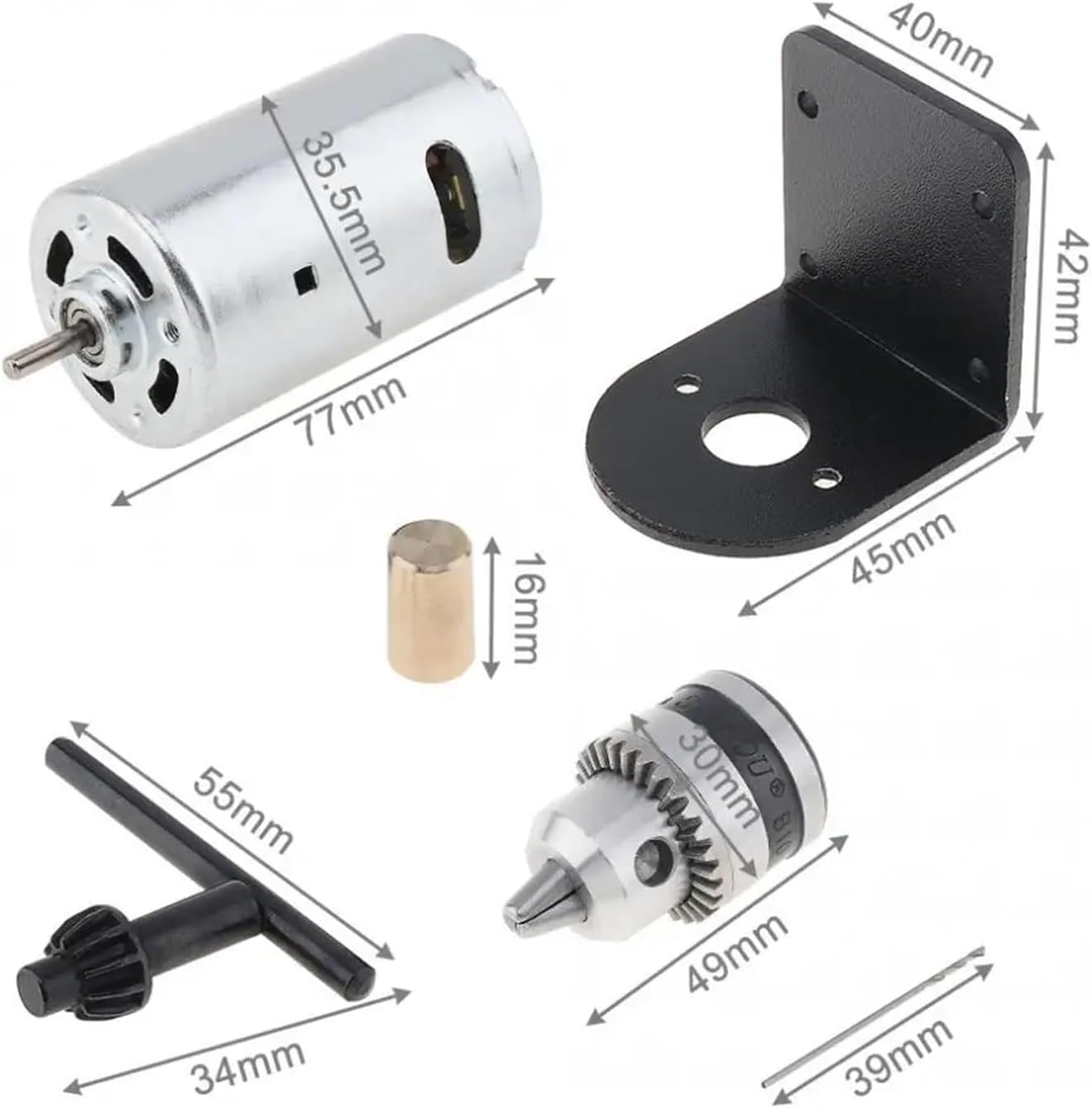 DC 12V-36V 555 motor bench drill with 0.6-6mm B10 chuck and mounting bracket lathe press motor tool set