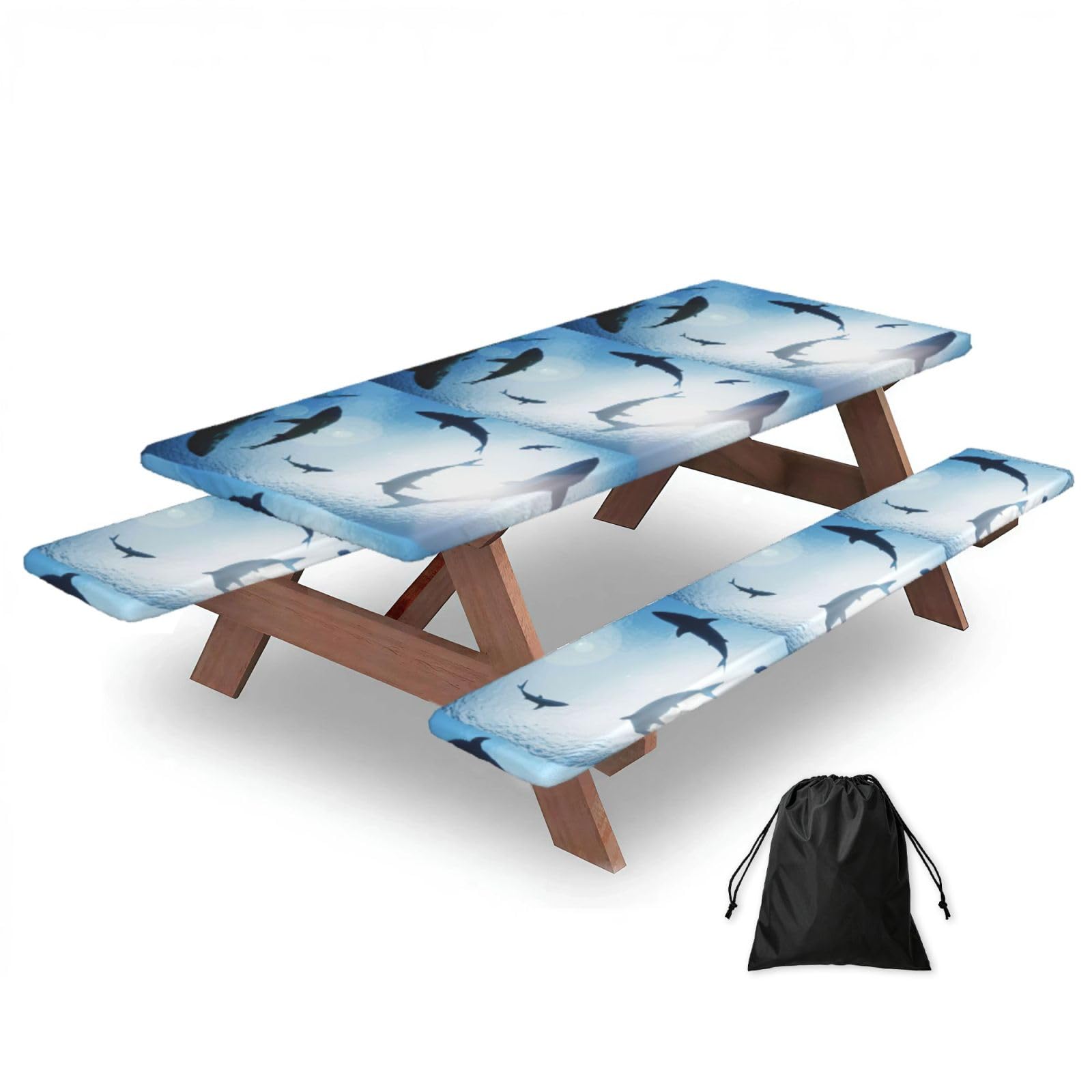 Yqxwjl Black Ocean Animal Shark Print Camping Essentials Waterproof Camping Table And Bench Cover With Drawstring Bag 183 Cm