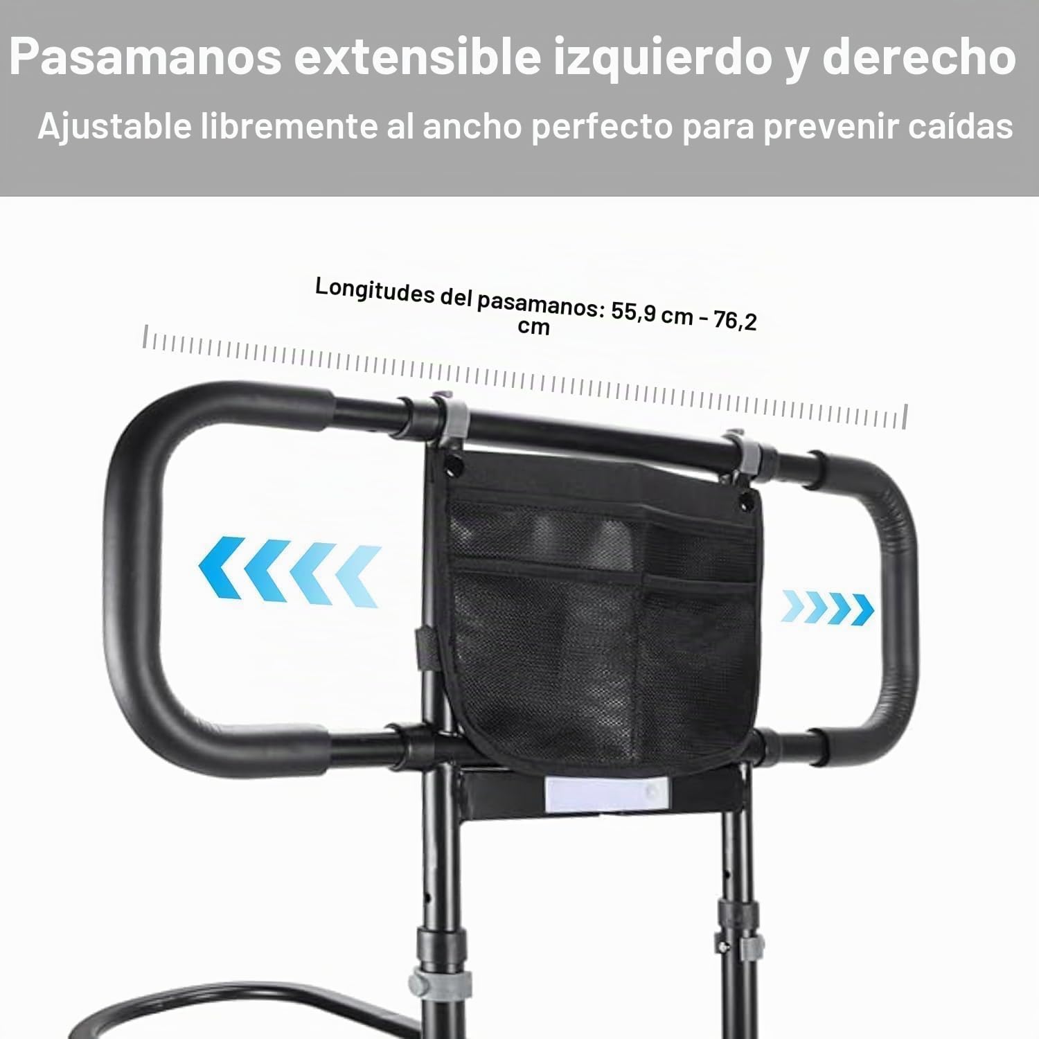 Barra de Apoyo Ajustable para Cama, Ayuda para Mayores | Estructura robusta, agarre antideslizante, correa de fijación, doble iluminación y montaje sin herramientas para levantarse