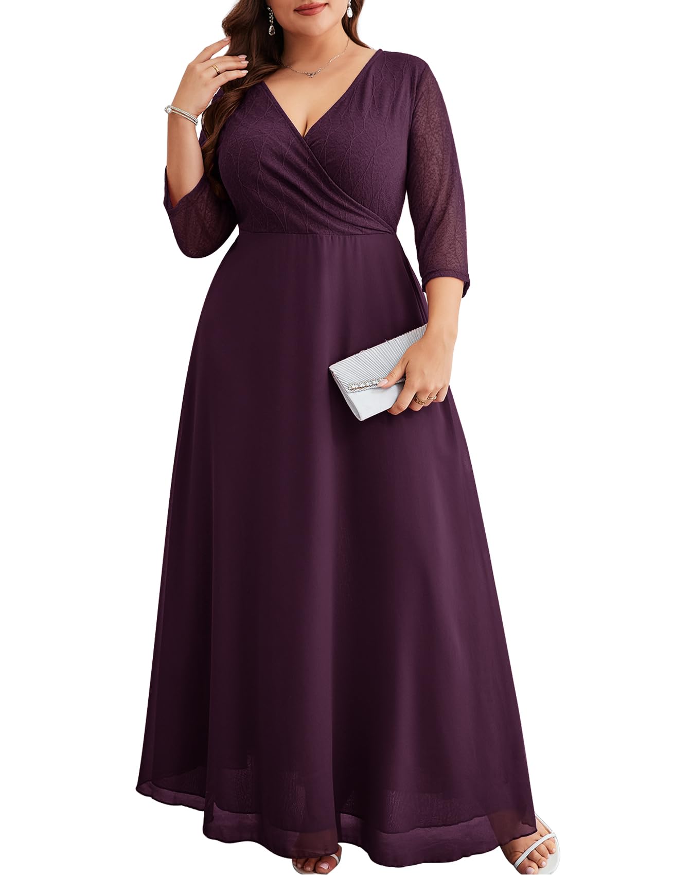 ZOMVA Plus Size Maxi Formal Dress Lace Chiffon Floral V-Neck Wrap Wedding Guest Evening Gown Cocktail Prom 3/4 Sleeves