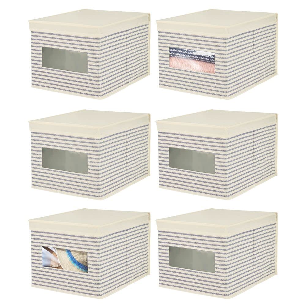 mDesign 6er-Set Stoffbox – praktische Aufbewahrungsbox mit Deckel und Sichtfenster für Schlaf-, Wohn- oder Badezimmer – stapelbare Schrankbox aus atmungsaktiver Kunstfaser – naturfarben/blau