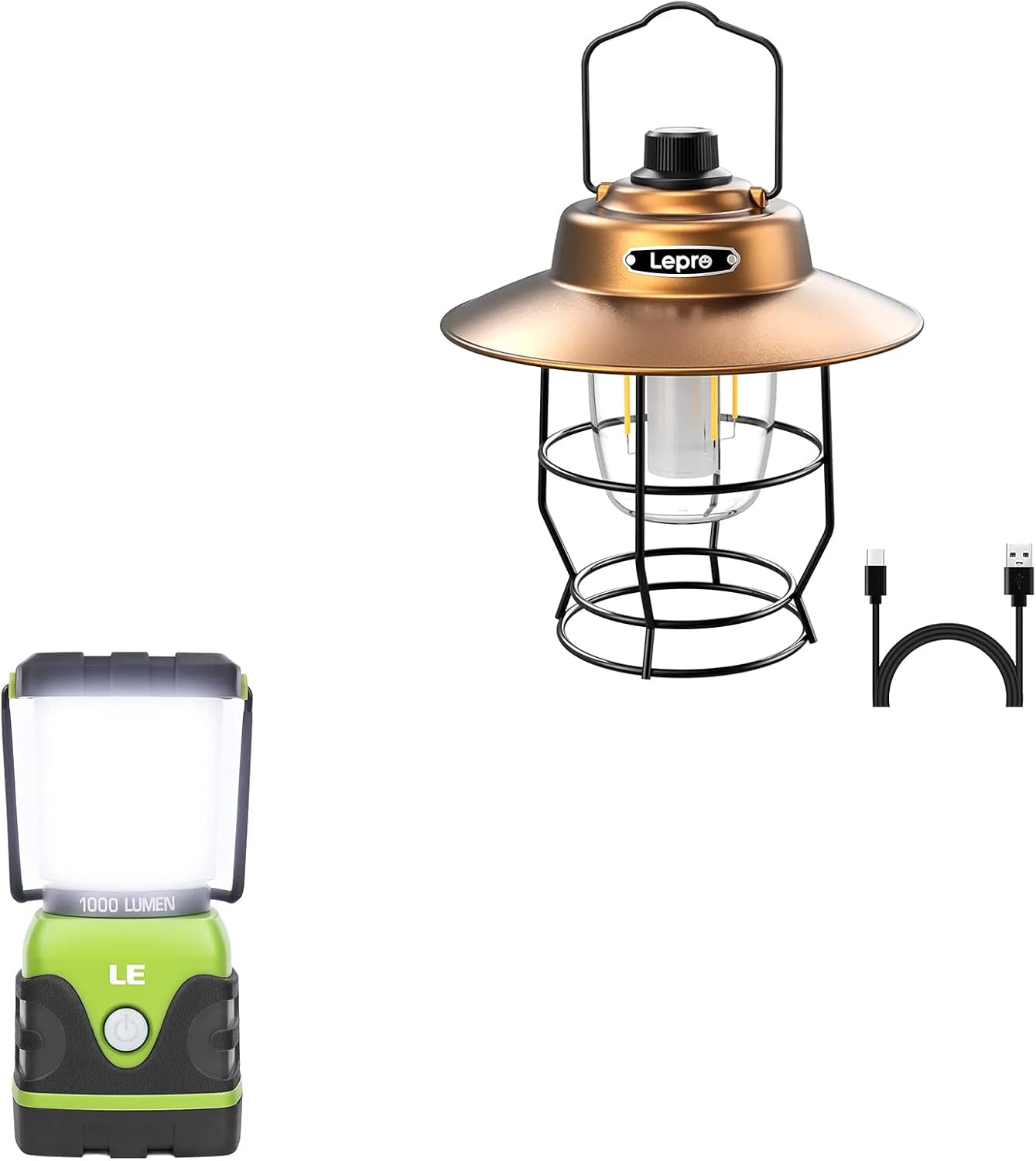 Lighting EVER Bundle - 2 Items: Lepro Vintage Rechargeable LED Camping Lantern & Lighting EVER 1000LM LED Camping Lantern, Battery Powered, 4 Light Modes