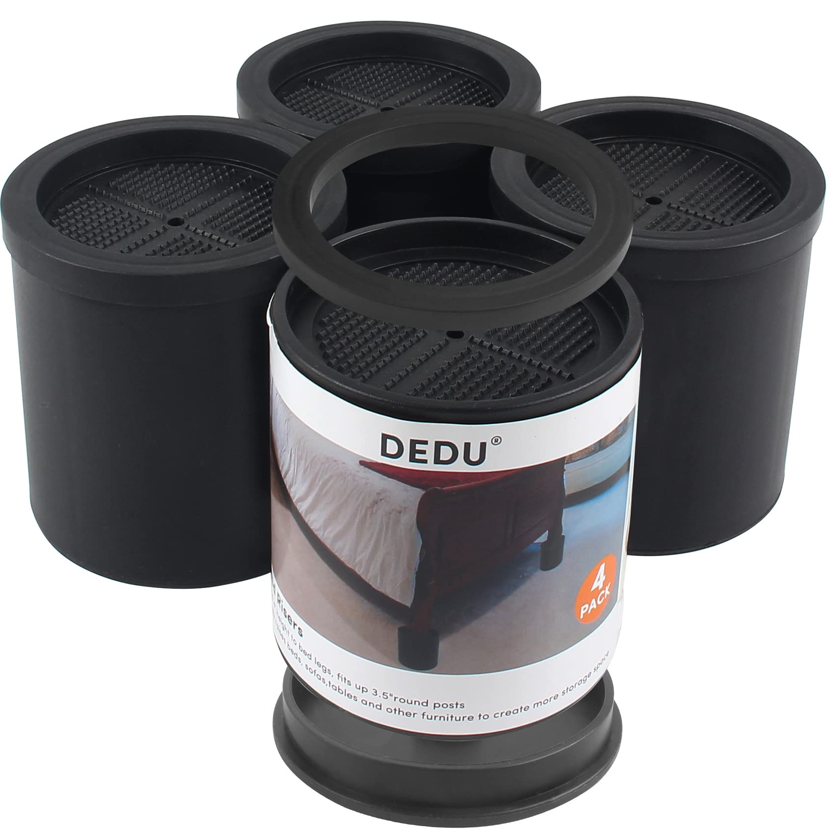 DEDU Bed Risers 4 Inch Heavy Duty, Furniture Risers with Non-Slip Pad Supports Up to 11000 Lbs, Round Couch Risers for Sofas, Desk or Chair (Set of 4 Black)