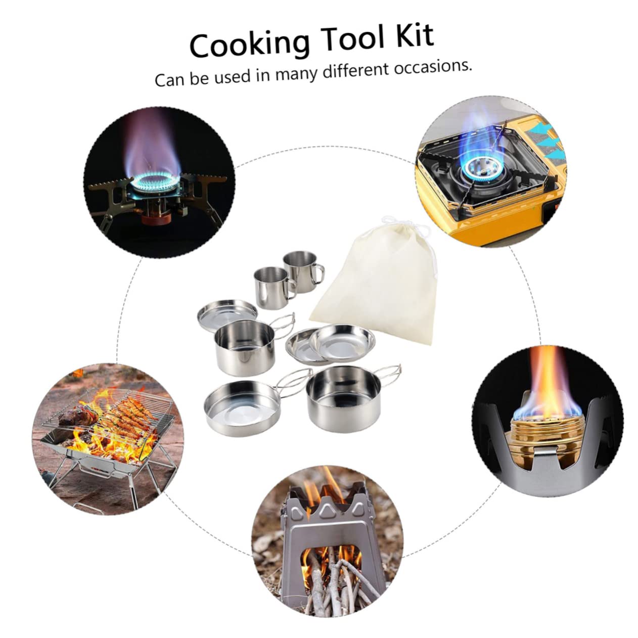 Mipcase Set D'ustensiles Cuisine pour Camping en Acier Inoxydable Multifonction Facile à Transporter Casserole, Poêle, Assiettes et Tasses pour Pêche et Camping