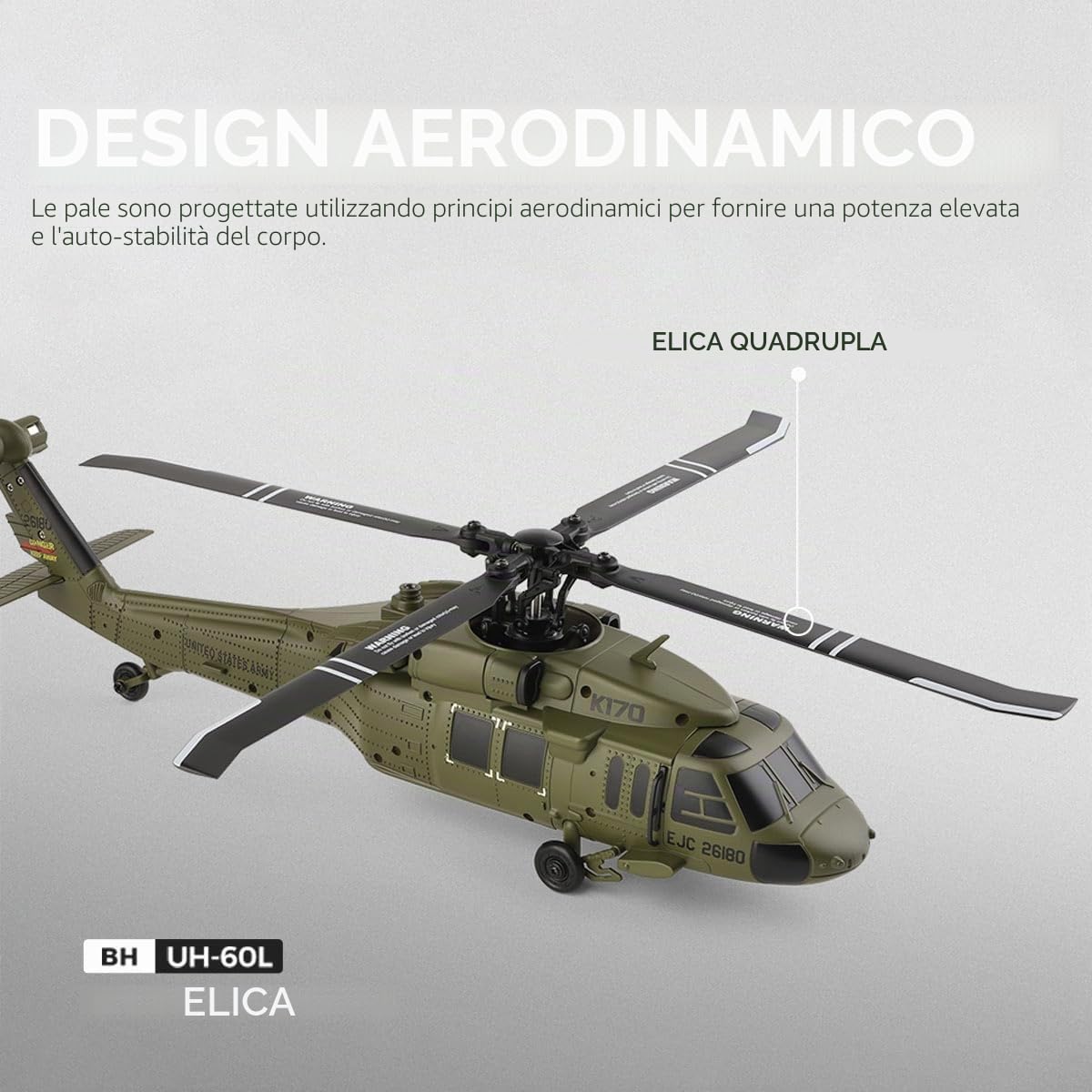 K170 UH-60L Elicottero RC, 170 misura 2,4 G, 4CH, giroscopio Flybarless RC a 6 assi con altezza, acceleratore regolabile sinistra e destra per principianti