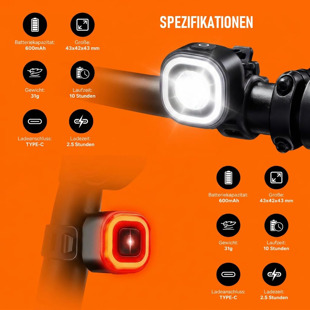Kit d'éclairage LED pour vélo homologué StVZO - Rechargeable avec feu stop intelligent - Étanche IPX5 et résistant aux chocs - Kit de lampes de vélo USB-C pour vélo d'enfant, vélo électrique, VTT