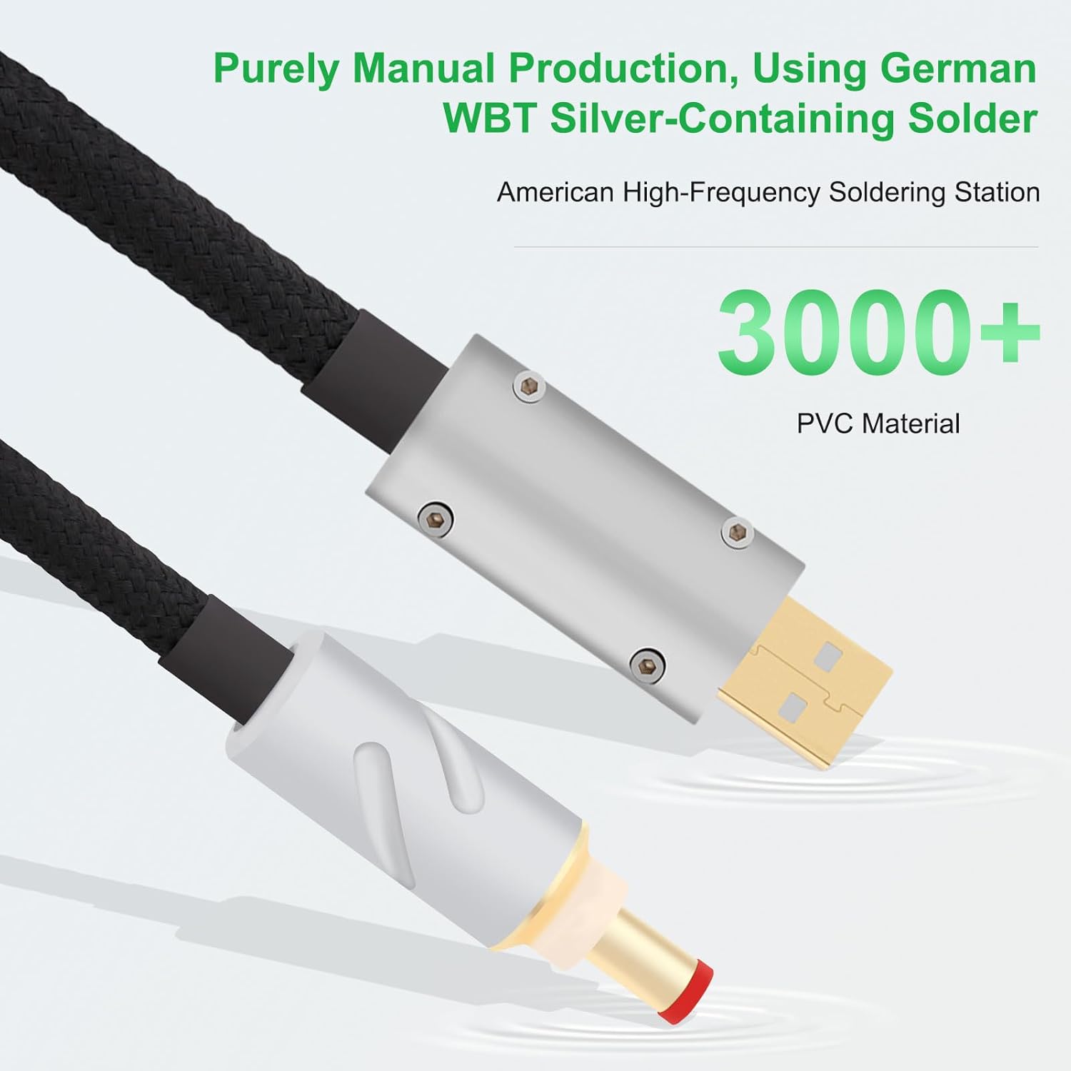 Monosaudio 14AWG USB to DC Power Cable 24K Gold Plated USB to 2.5mm DC Plug Audio Cable OCC Copper Silver Plated Audiophile DC Cable Linear USB Charger Cord- Fast Charging（1M/3.3Ft）