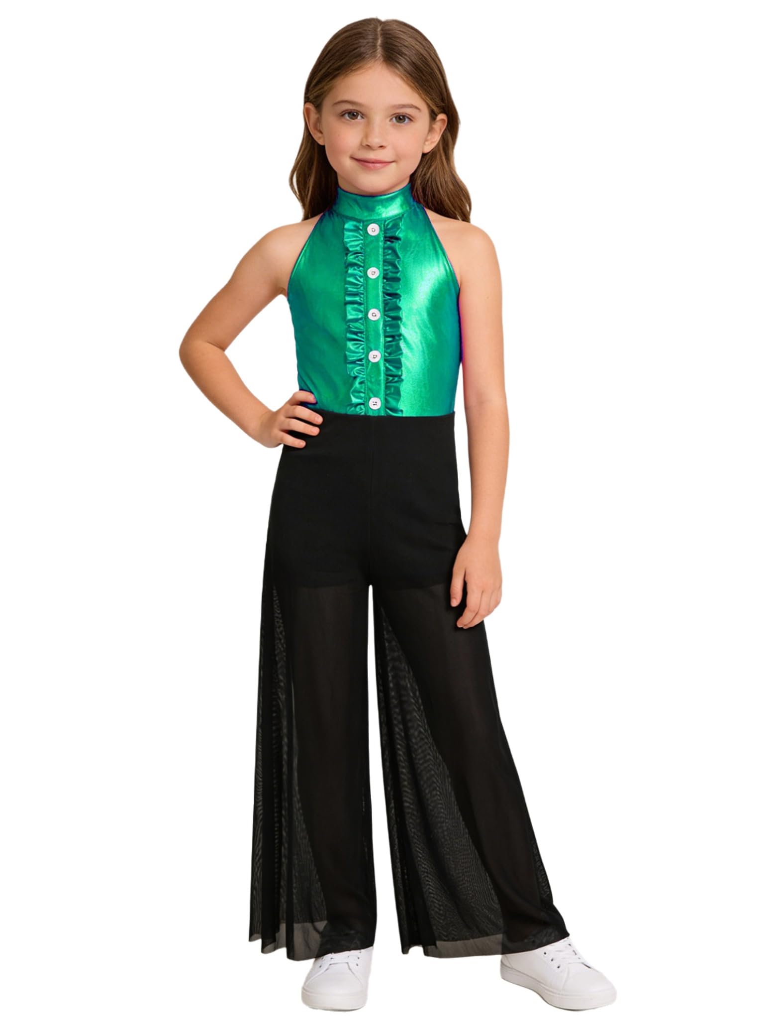 inlzdz Kids Girls Hip Hop Dance Outfits Retro 70s 80s Rock Disco Costume Flowy Mesh Overlay Pants Romper Green 11-12 Years