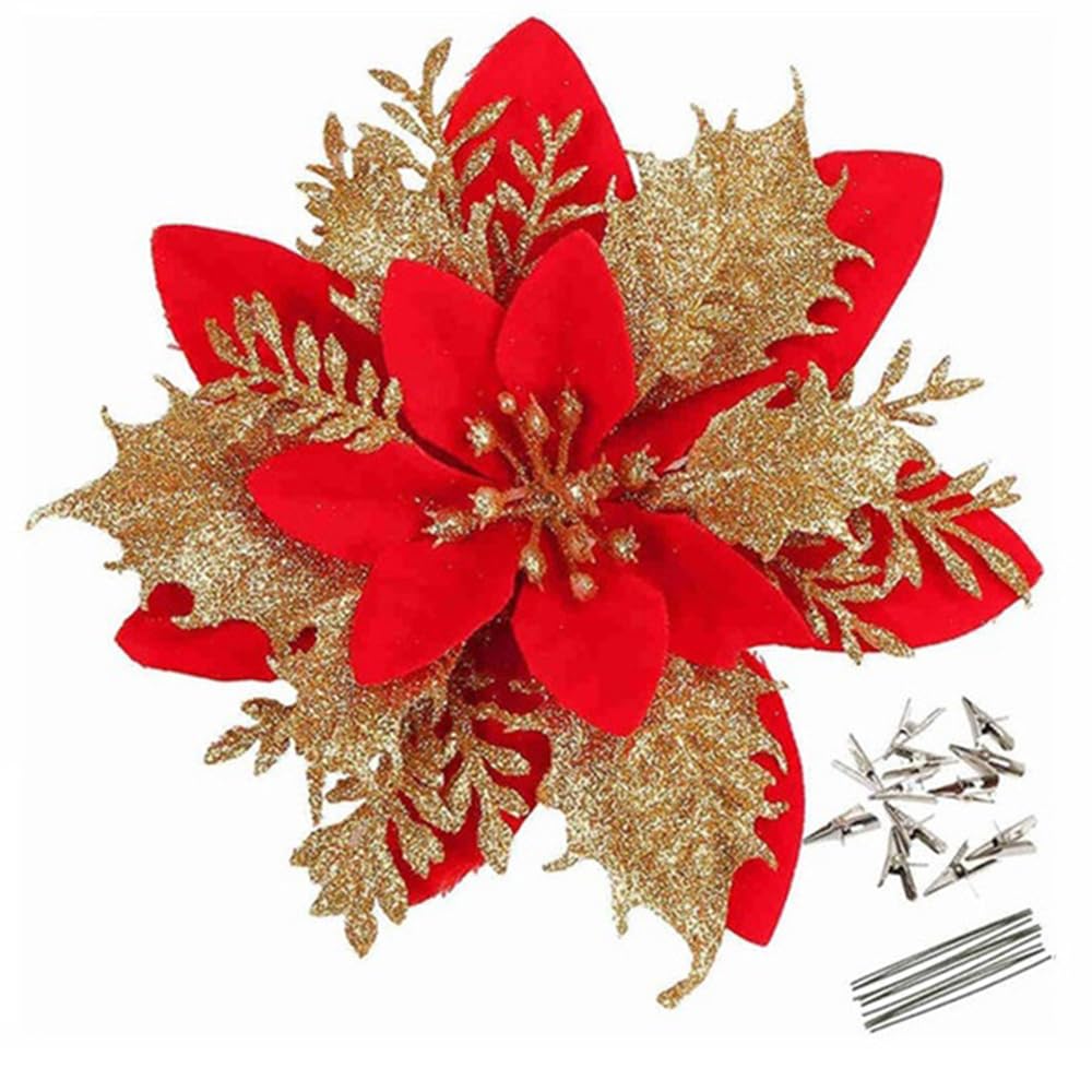Tazweeq Artificial Poinsettia Flowers, Flower Decorations with Metal Clips, New Year Ornament, for Winter Xmas Tree, Wedding Party, Holiday, Wreath Garland Décor (Red Gold), 12Pcs