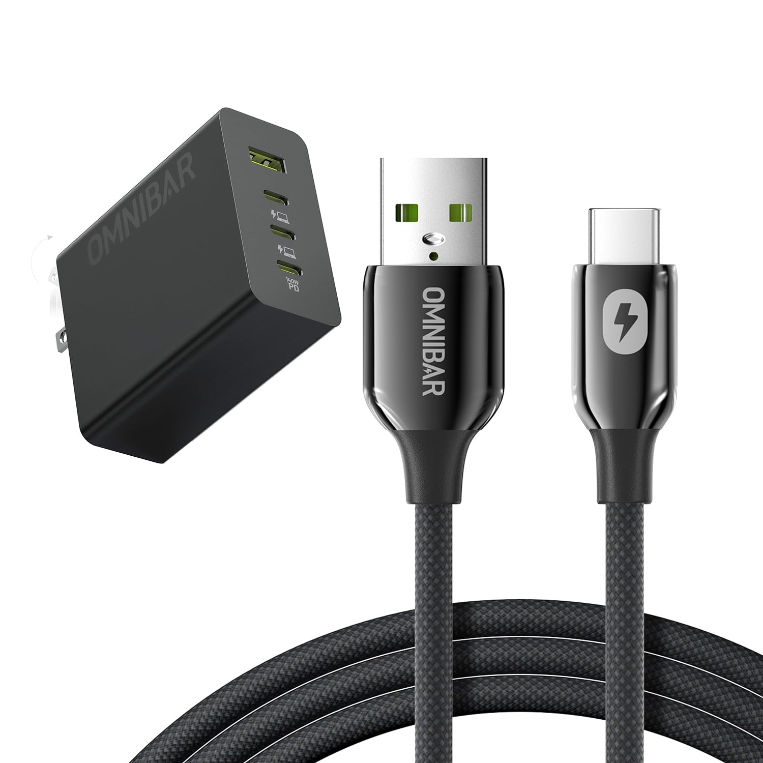 140W USB C Charger with USB A to USB C Cable 6FT Braided 4-Port GaN Portable Laptop Charger