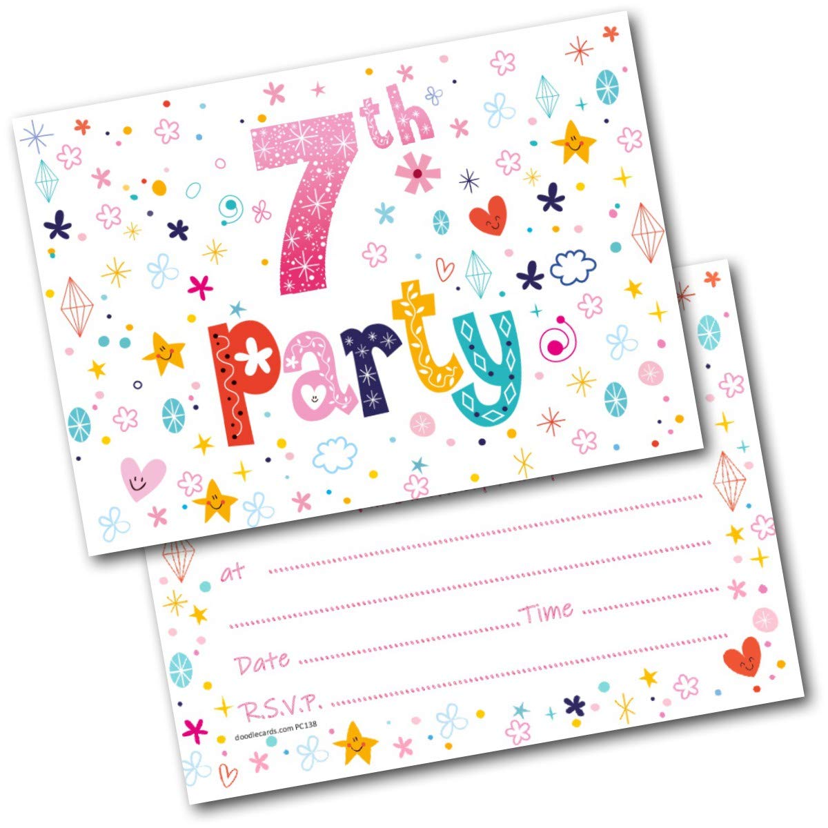 doodlecards 7th Birthday Party Invitations Age 7 Female Girls Childrens Pack of 20 Invites and Envelopes. Printed in UK, Premium Quality & 100% Recyclable.