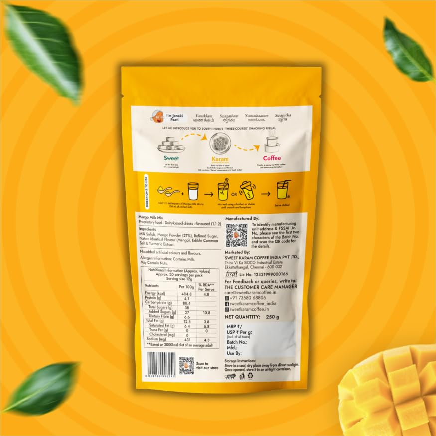 Image of Sweet Karam Coffee Instant Mango Milk Mix - 250g Pouch | Refreshing Mango Milkshake Powder | Tasty Summer Drink Mix with No Preservatives & Artificial Colors