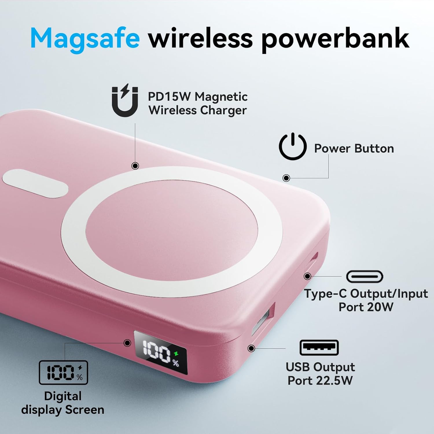 for Magsafe Battery Pack, 10000mAh Wireless Portable Charger with 20W USB-C Fast Charging, Foldable Stand & LED Display Magnetic Power Bank, Compatible with iPhone 16/15/14/13/12 All Series-Pink