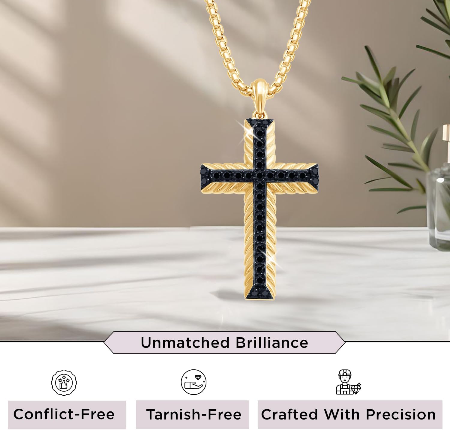Jewelili Sterling Silver or Yellow Gold Plated Sterling Silver Cross Necklace for Men | 1/2 CTTW Treated Black Round Diamonds | 22" Box Chain | Luxury Jewelry Gift for Him | Gift Box Included