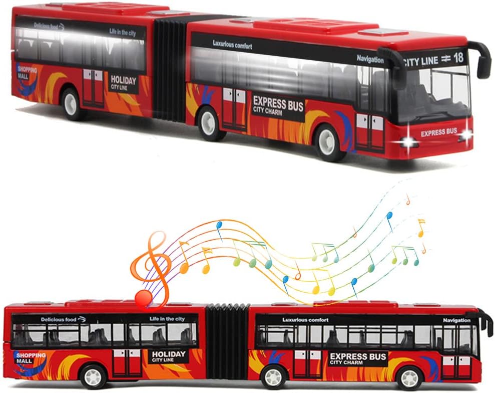 Crelloci City Bus Toy for Kids, Die Cast Alloy Pull Back Vehicles, Metro Articulated Electric Bus with Sounds and Lights, Model Cars Toys Educational Gift for Kids Boys Girls Ages 3+