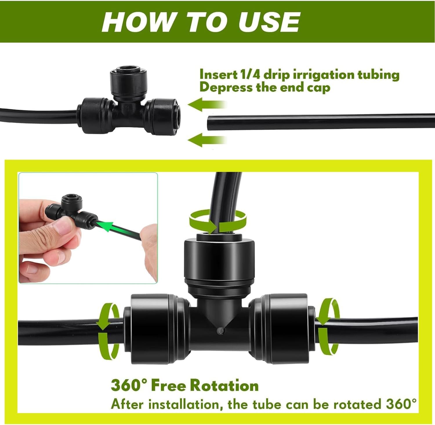 Confezione da 15 connettori a T a innesto rapido da 1/4", raccordo a T da 6,35 mm, senza perdite, per irrigatori o sistemi di irrigazione a goccia (nero)