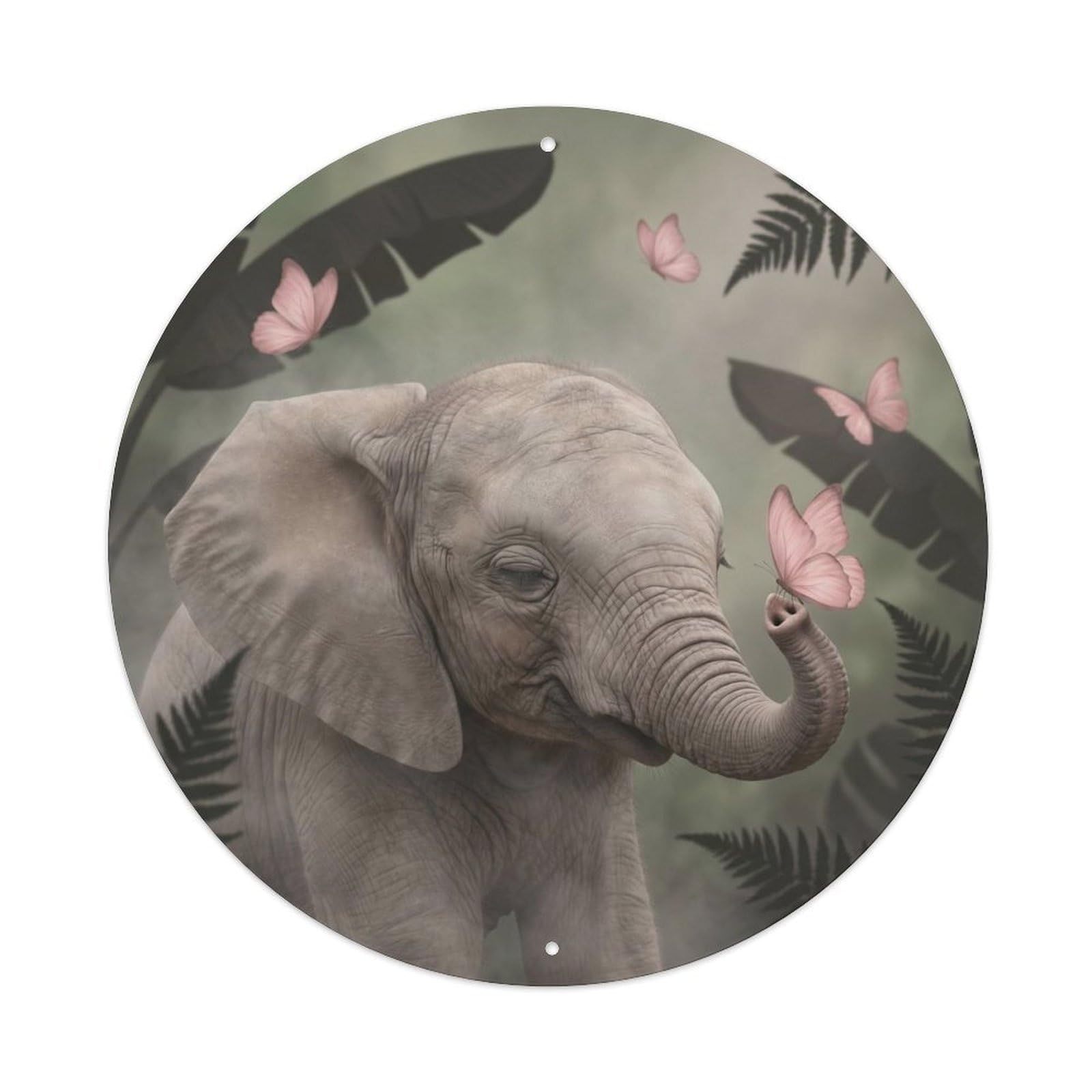 Pink Butterfly Baby Elephant Cute Wildlife Dreamy Jungle Metal Tin Sign Plaque Wall Decor for Cafe, Man Cave, Club Bar, Office, Home Garden Round Metal Poster 8x8Inch