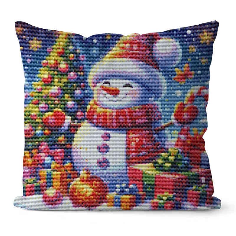 Huacan Cross Stitch Pillow Kit Stamped Chritsmas Pattern Without Pillow Core Snowman Emroidery Kits for Adults and Beginners 17.7 x 17.7 in