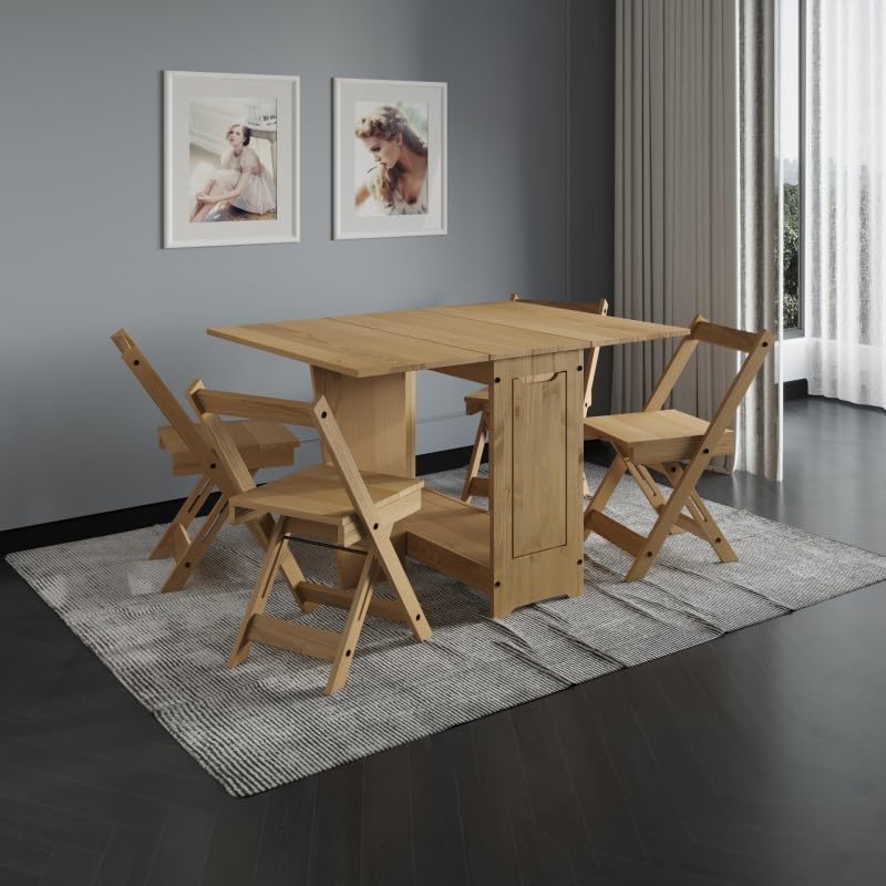 Mercers Furniture Corona Butterfly Dining Set Folding Table And 4 Folding Chairs Solid Wood Pine Wooden Drop Leaf Adjustable Kitchen Chair Storage Mexican 75cm High 42/78/114cm Wide 92cm Deep (Wax)