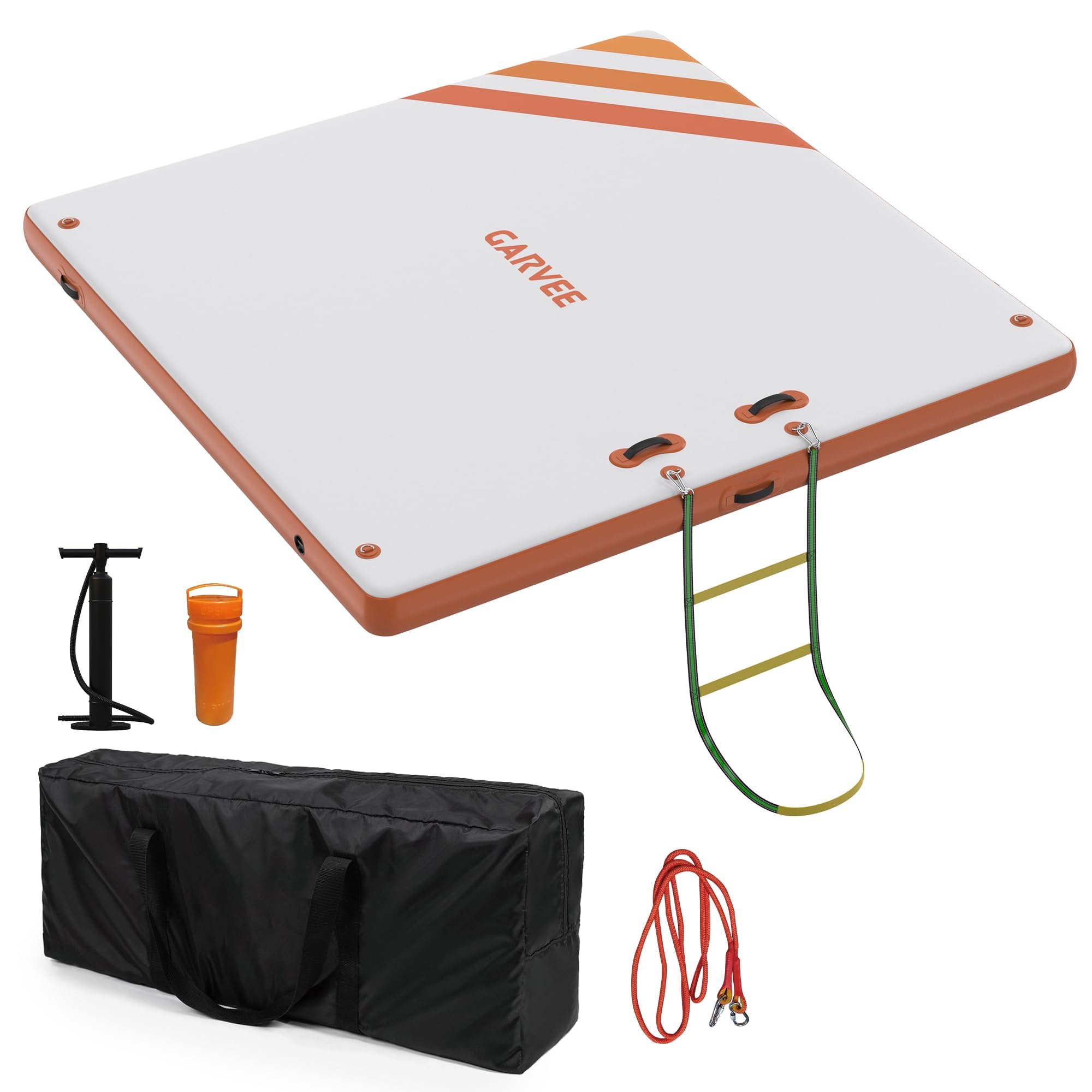 Garvee Inflatable Floating Dock, 3 x 1.8 m Floating Island with Portable Carrying Bag, Rope Ladder & Pump, Multi-Person Swim Water Mat for Adult, Non-Slip Air Raft Platform for Lake Pool Beach-Orange