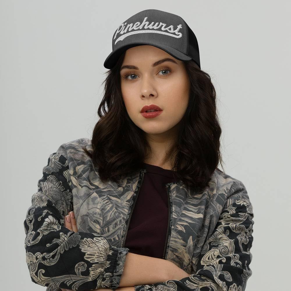 Pinehurst Hat Pinehurst Trucker Hat Baseball Script Embroidered Cap Vintage Sports Gift Souvenir Headwear Dark Heather Gray