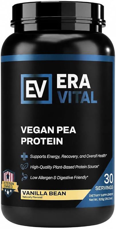 ERA Vital Vanilla Bean Pea Protein Powder with Brown Rice – Plant-Based Low Carb Formula for Muscle Recovery, Daily Nutrition & Digestive Support, 30 Servings (828 g, 29.21 oz)