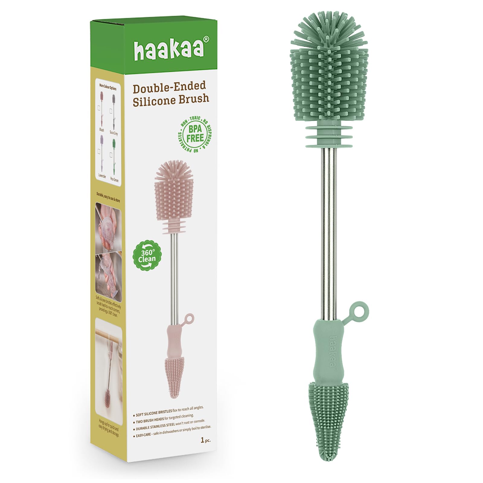 Haakaa Pea Green Silicone Cleaning Brush Kit-Baby Bottle Brush Scrubber For Breast Pump,Nipple,Breastmilk Storage Bag,Reusable Straws,Sippy Cup Soft Food Grade Silicone Bristle Portable - 1Pk