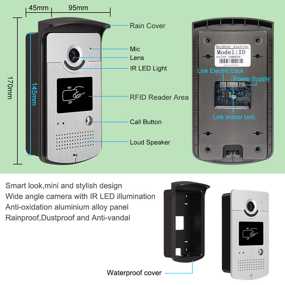 Sistema de Control de Acceso Kit de Videoportero de 7", Cámara de 700 TVL con Visión Nocturna, Sistema de 4 Cables para 2 Familias, con 10 llaveros RFID