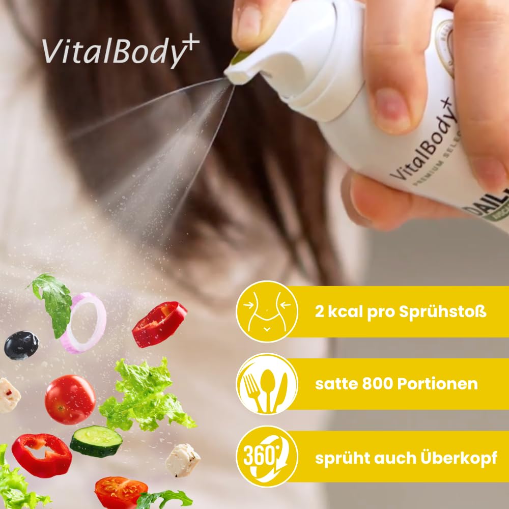 VitalBody+ DailySpray Probierpaket, 6er Pack – 2 kcal Ölspray für Airfryer, Braten & Grillen – Kalorienarm Kochen – Non-stick Cooking Spray, 4800 Portionen