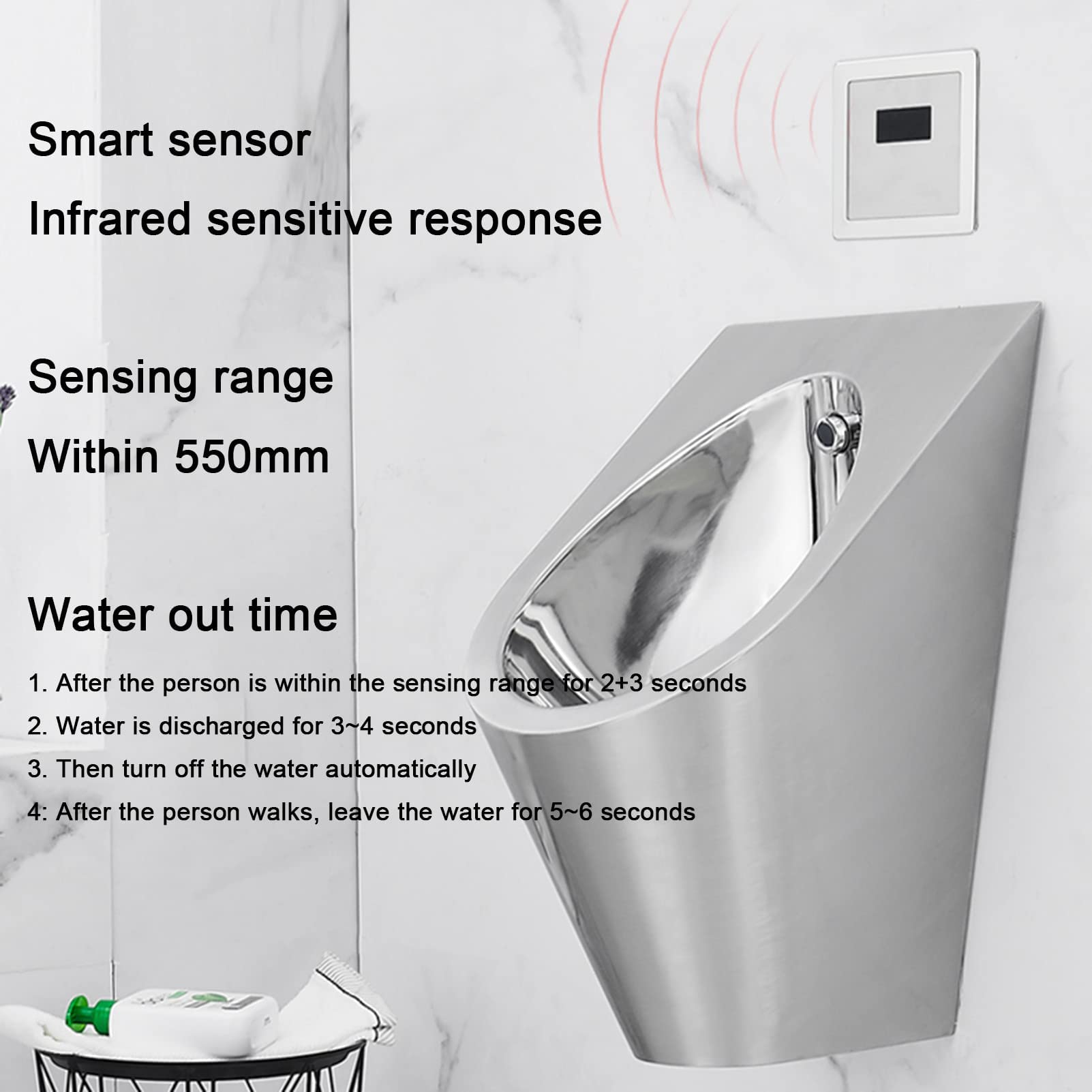 Prodotti per la casa Orinatoi di scarico commerciali a parete, orinatoi a induzione in acciaio inossidabile per toilette pubblica per uomini, toilette a imbuto per orinatoio da bagno, utilizzato in ba