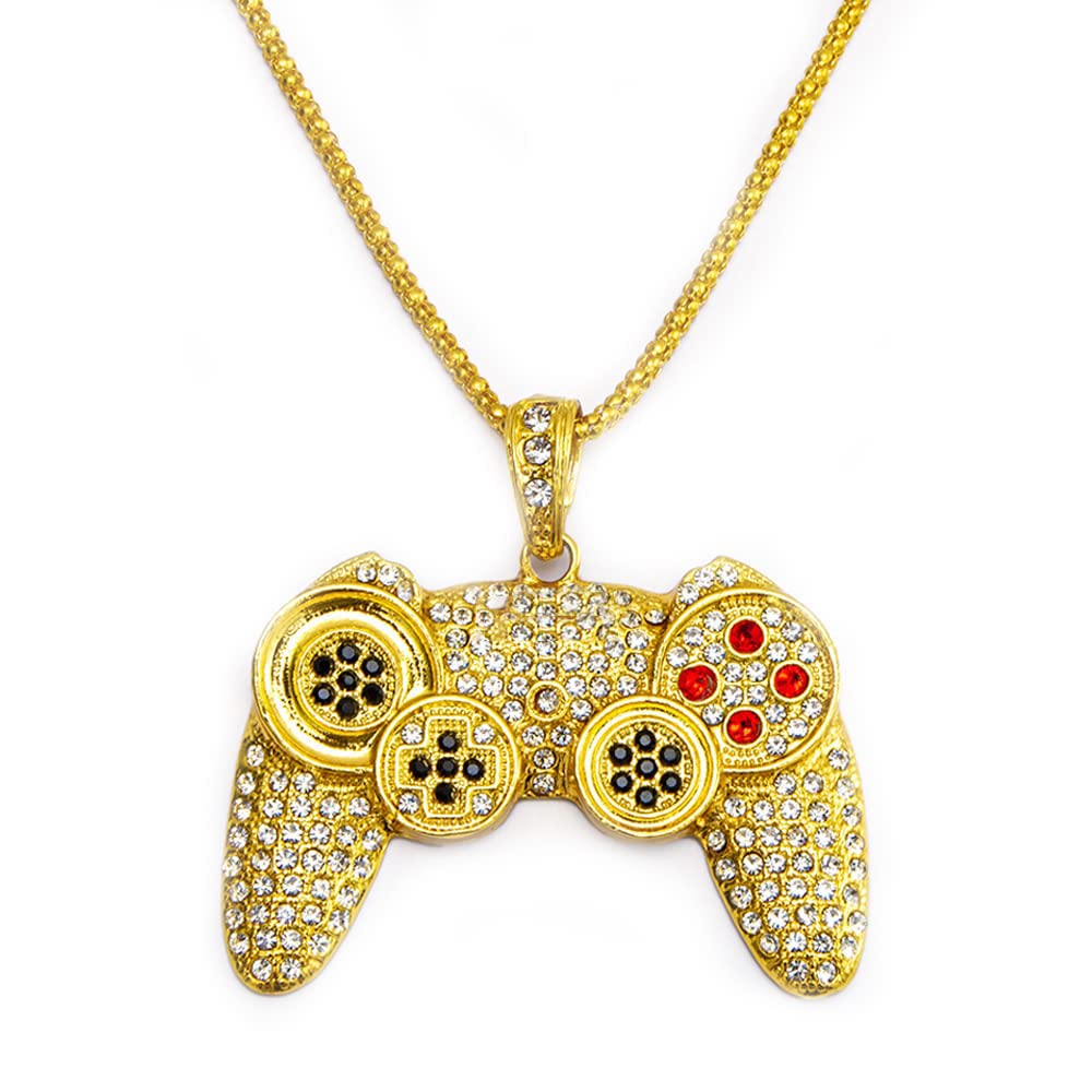 JemantVideo Game Controller Necklace For Men Cubic Zirconia Pendant Black Gold Hip Hop Punk Cool Rock Game Controller Necklace For Teens (Gold), Metal, Cubic Zirconia