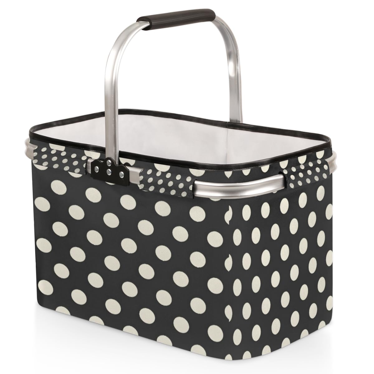 Tablerazzi Polka Dot Black White Folding Picnic Basket Large Reusable Shopping Basket Collapsible Grocery Bag with Handle Aluminum Frame Market Basket