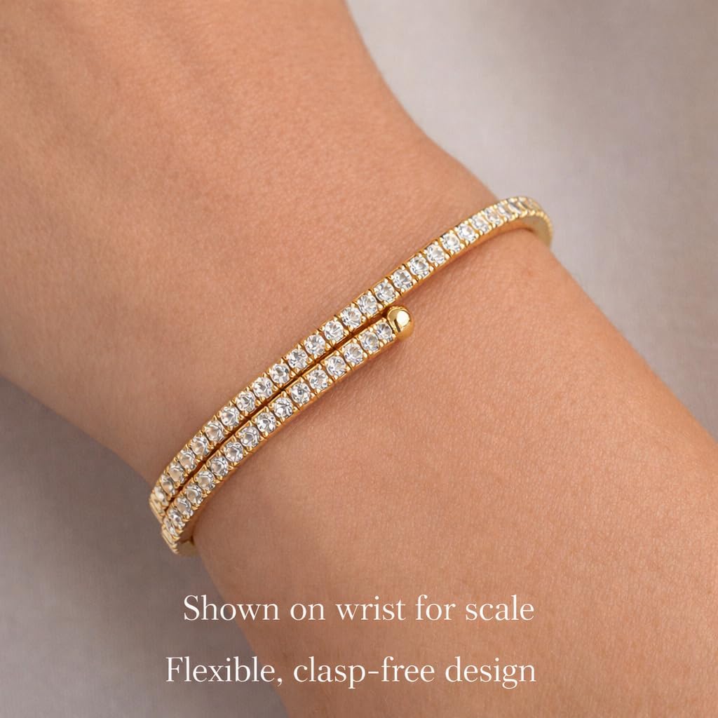 Stretch Tennis Bracelet for Women – Gold Stretchy Bracelet with Crystal Accents, Minimalist Elastic Stackable Jewelry