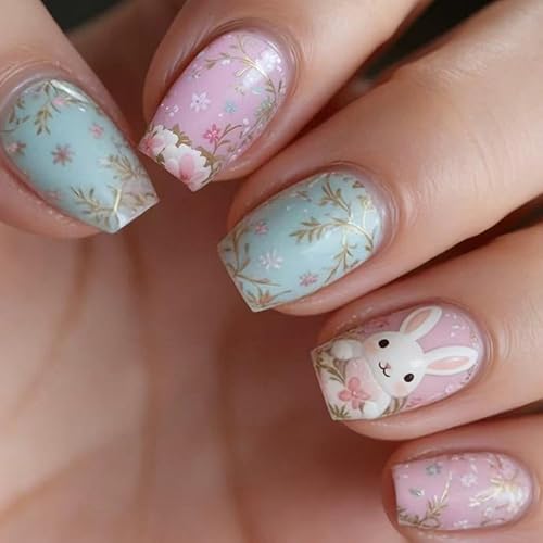 Easter Press on Nail Medium Length Square Fake Nails Pink