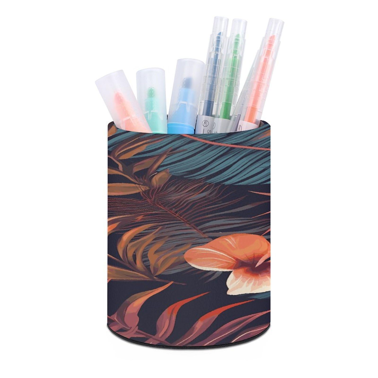 LDGSUPH Tropical Flower Round Pen Holder Leather Pen Cup Pencil Cup Pen Organizer Pencil Holder for Desk Organizer Pencil Organizers Makeup Brush Holders for Home Office Gift