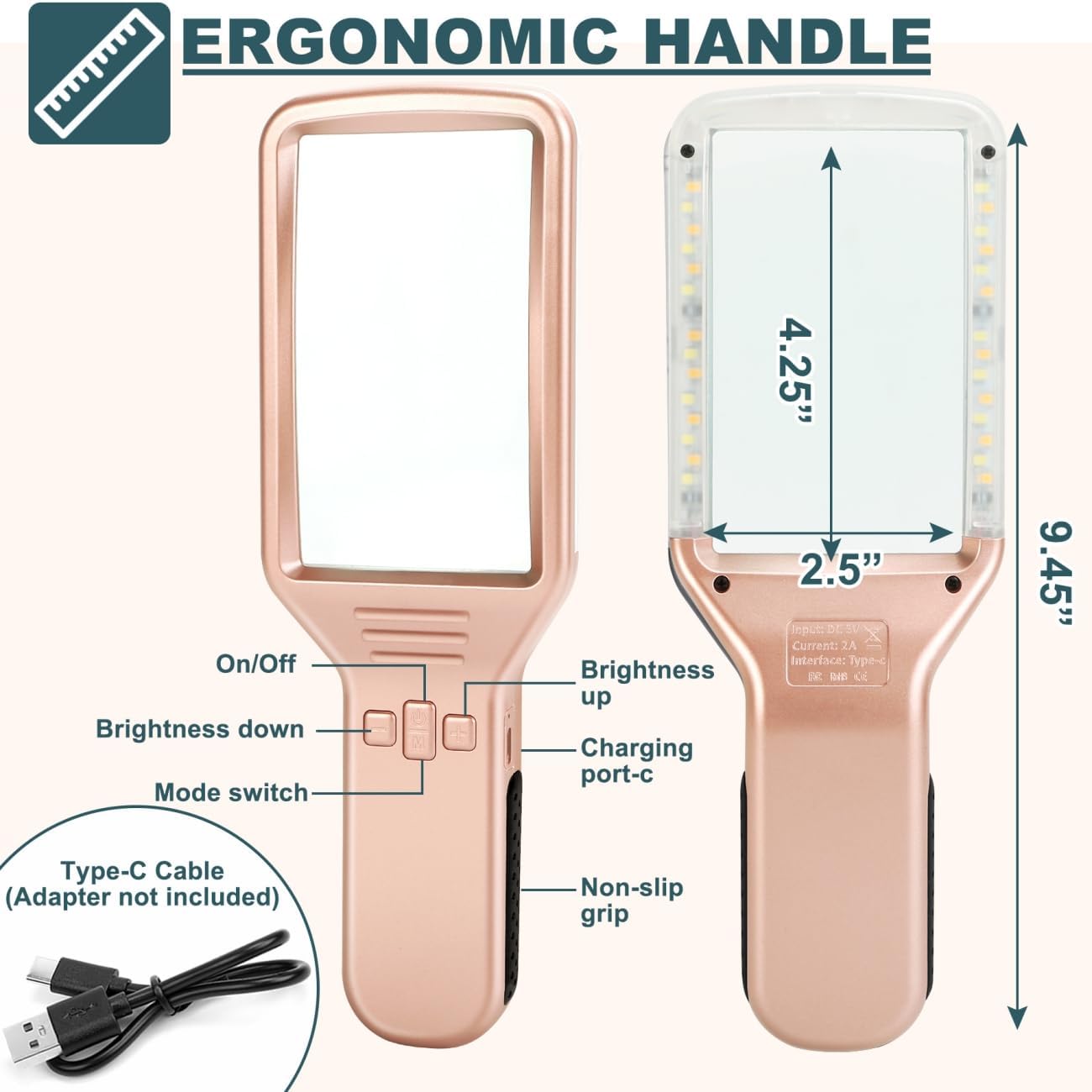 15X Rechargeable Magnifying Glass with Light, Real Glass Page Lens, 3 Color Modes Stepless Dimmable, Lighted Handheld Magnifier for Reading Small Prints, Seniors with Low Vision - Rose Gold