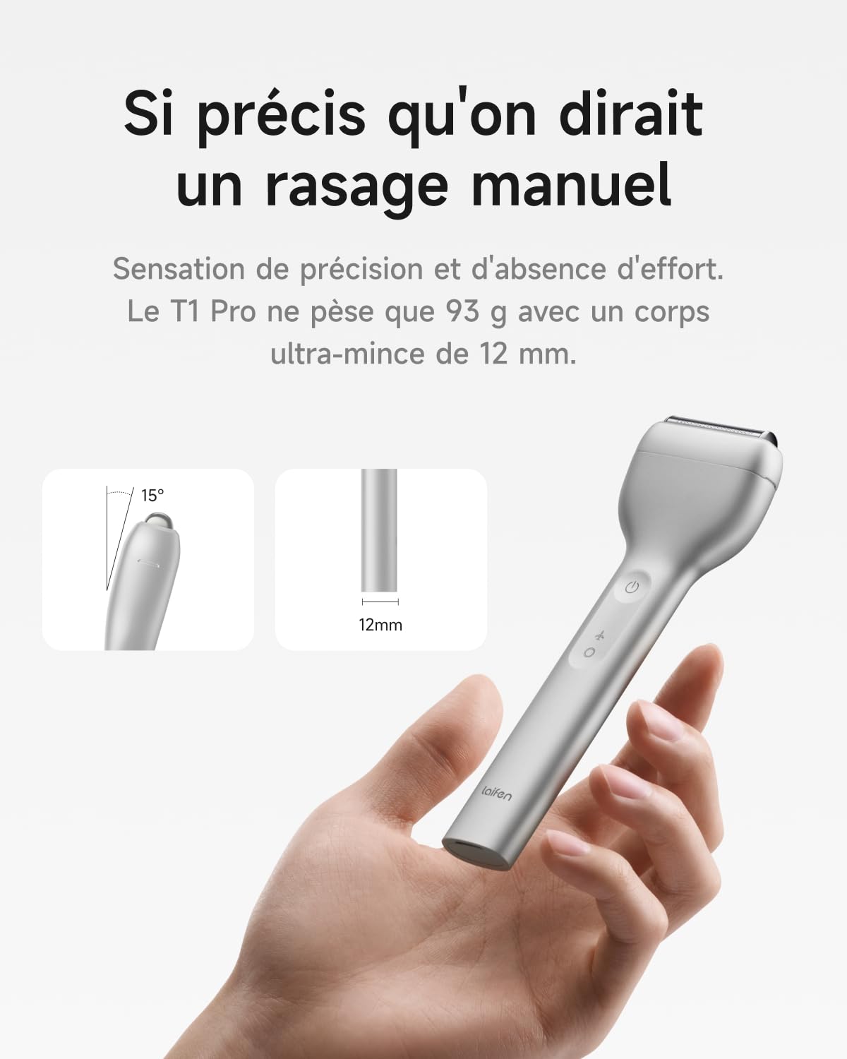 Laifen T1 Pro Rasoir Électrique, Tondeuse à Barbe, 12k Coupes/min, Argent | Moteurs Linéaires 12 000 Coupes/Min, Lame 0,055mm, 3 Tondeuses pour Poils Longs, Batterie 120min, Étanchéité IPX7.