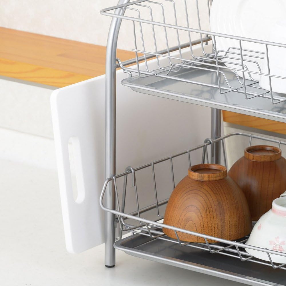 Wahei Freiz PM-9017 Iron Dish Drainer, Plonge, 2 Tiers, Powder Coating, Cutlery Pocket, Cutting Board Holder