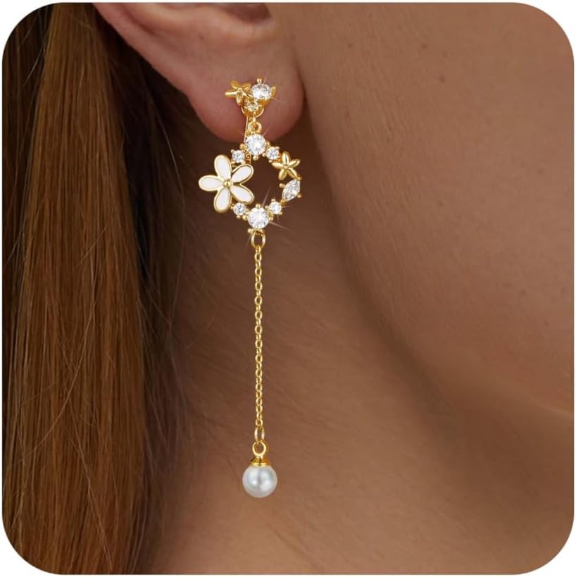 Awinesn Clip on Earrings Dangle Pearl Drop Clip Earrings for Women Trendy Dangle Chain Dainty Flower Wedding Earrings for Brides 14K Gold Plated Statement Non Pierced Earrings for Women Sparkly Jewelry