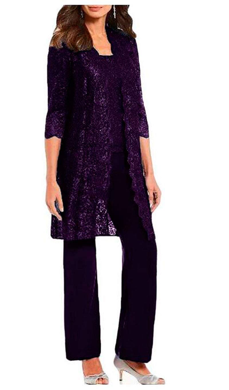 Botong Women's Purple 3 Pc Mother Of The Bride Pants Suit For Wedding Long Lace Jacket Chiffon Outfits For Prom Evening Uk18