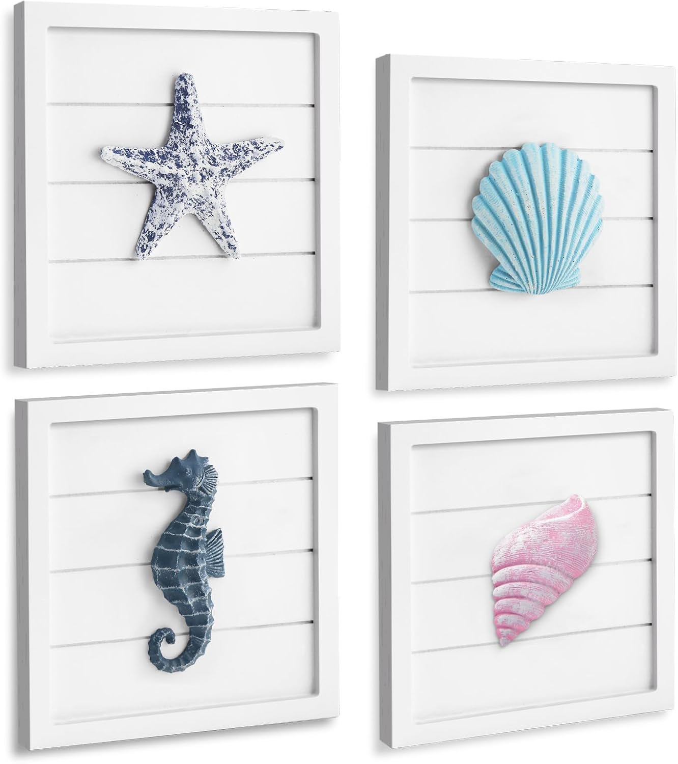 MISTOD 3D Beach Wall Art, Seashell with Starfish Ocean Theme Inspired Decor for Bathroom, Living Room, Coastal Bedroom or Beach House - Set of 4