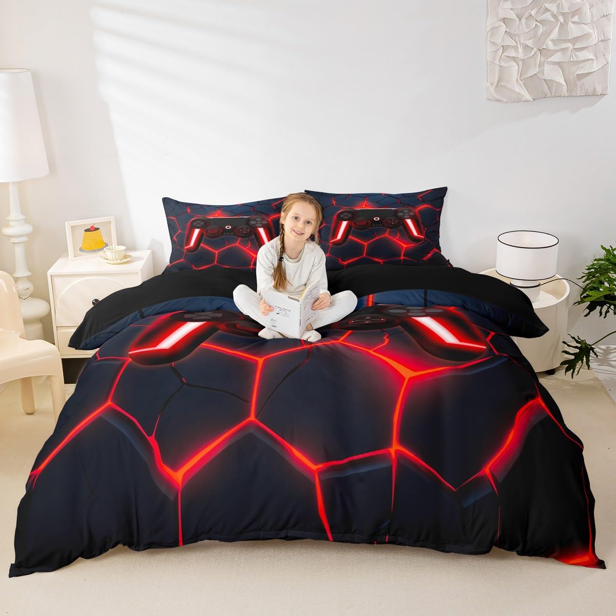 Homewish Boys Gaming Single Duvet Cover Set Kids Gamer Gamepad Bedding Abstract Geometric Honeycomb Quilt Cover with 1 Pillowcase - Image 3
