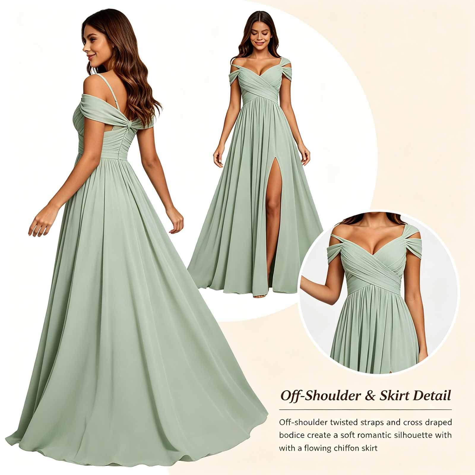 Vestito da Sposa Lungo Chiffon Spalle Scoperte V-Croce Alta Fenditura